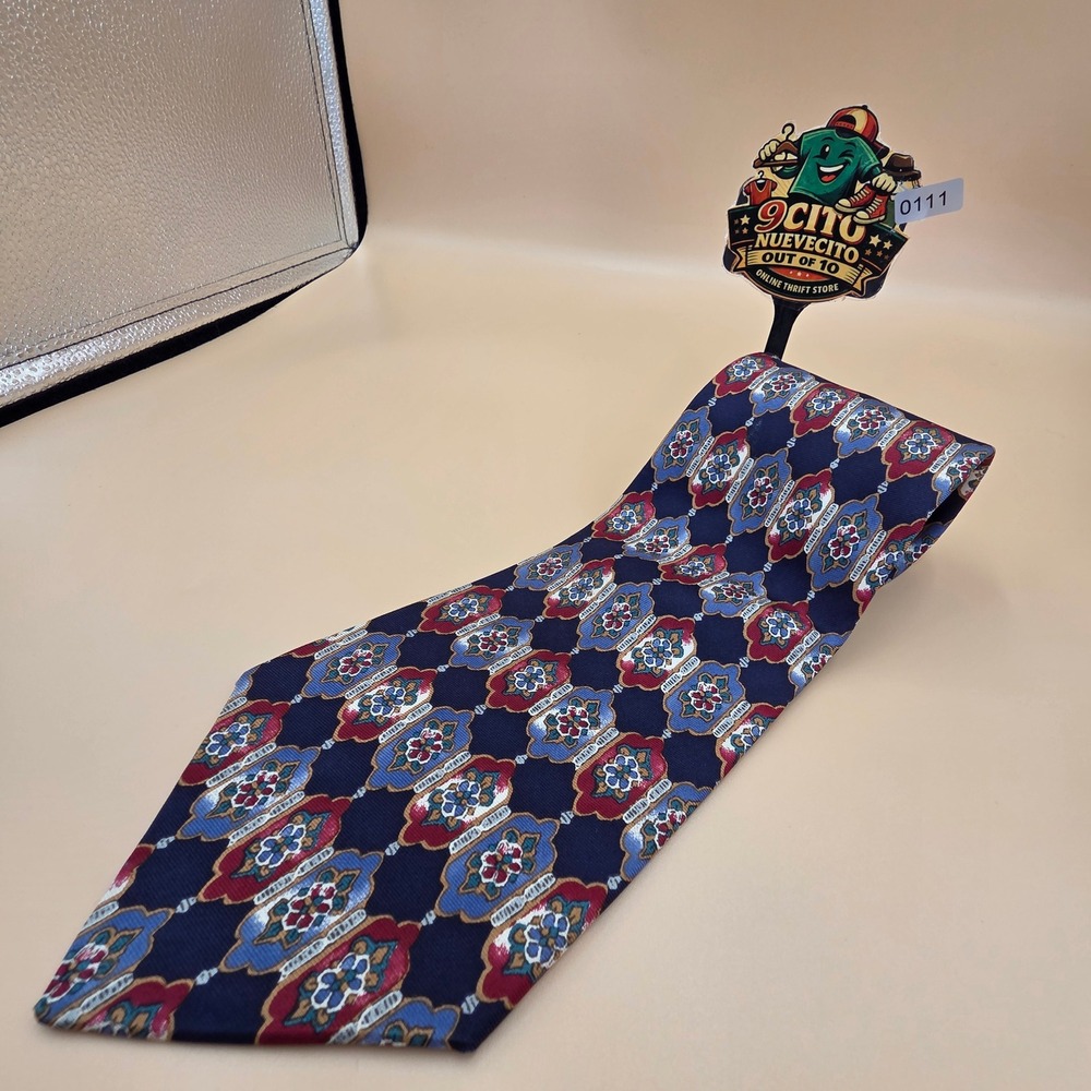 Countess Mara Mens Silk Tie Navy Blue Burgundy‎ Geometric Medallion Made in USA